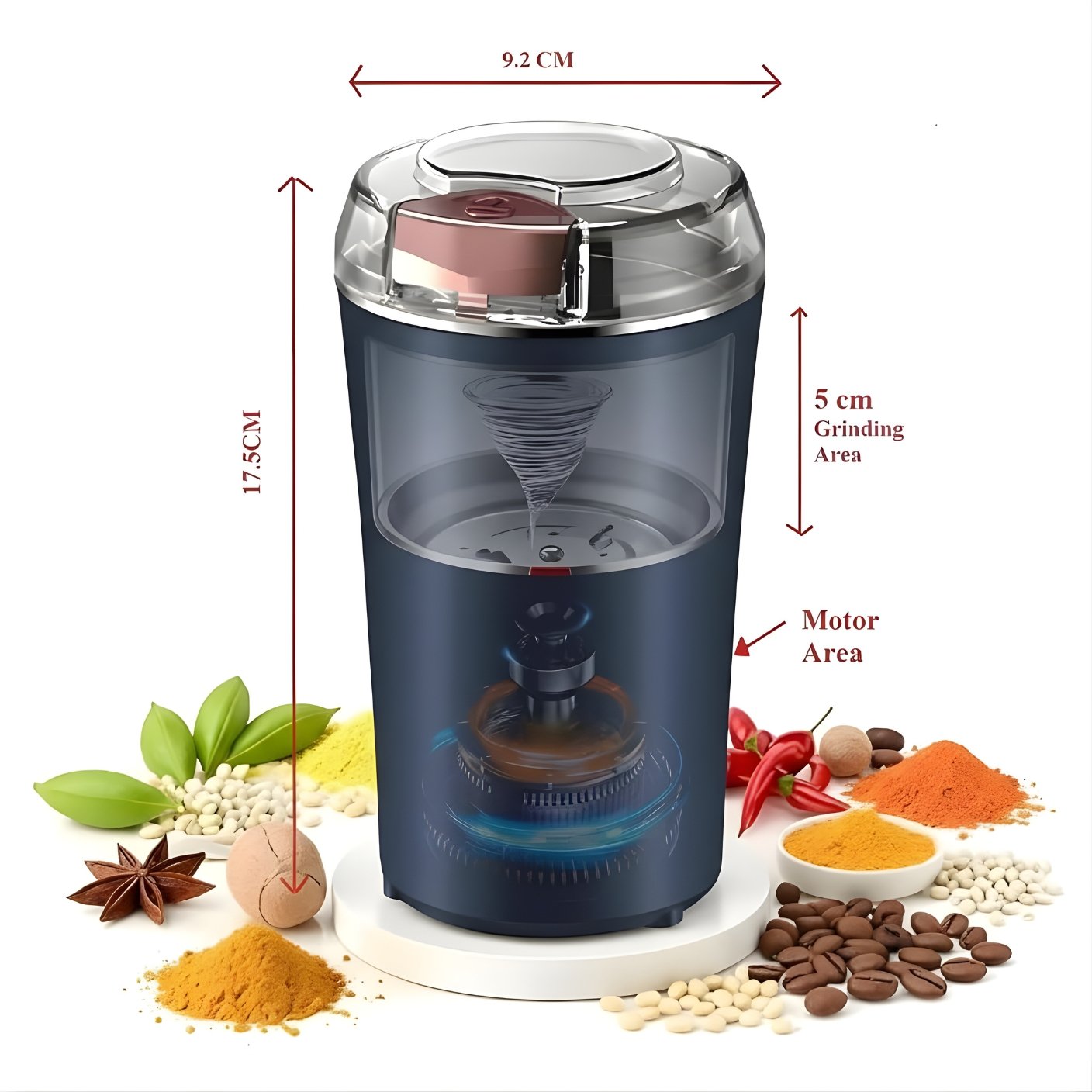 Portable Electric Coffee Grinder Spice & Coffee Bean Grinder Stainless Steel 4 Blade Mixer Grinder for Masala & Herb Push Button Control
